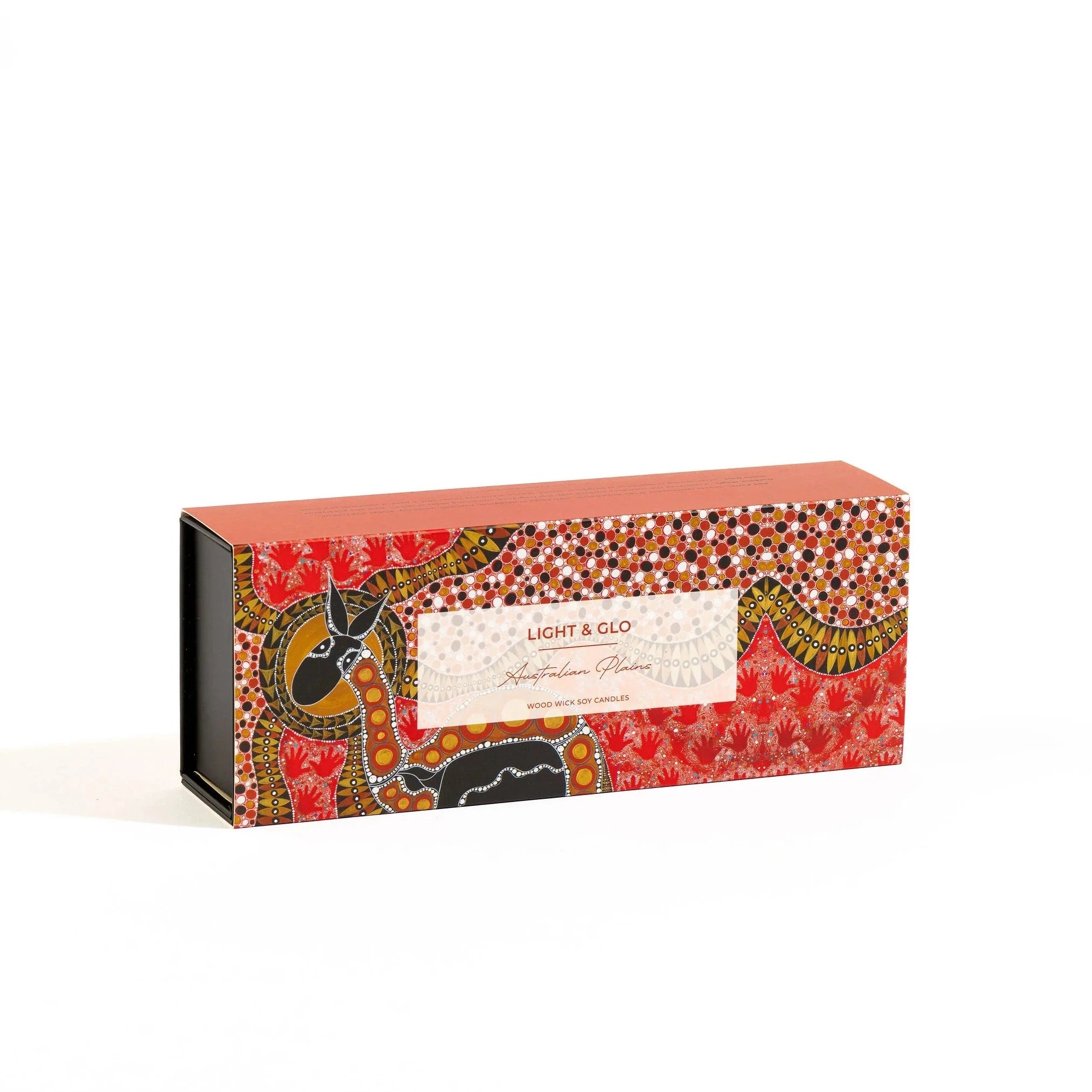 Light and Glo Australian Plains Candle Trio in  gift box with aboriginal designs.