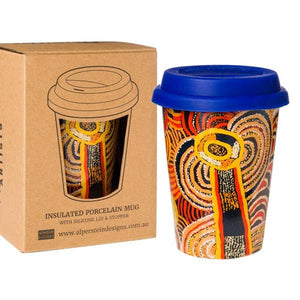 Side view image of Travel Mug with artwork by Nora Davidson showing mug and packaging