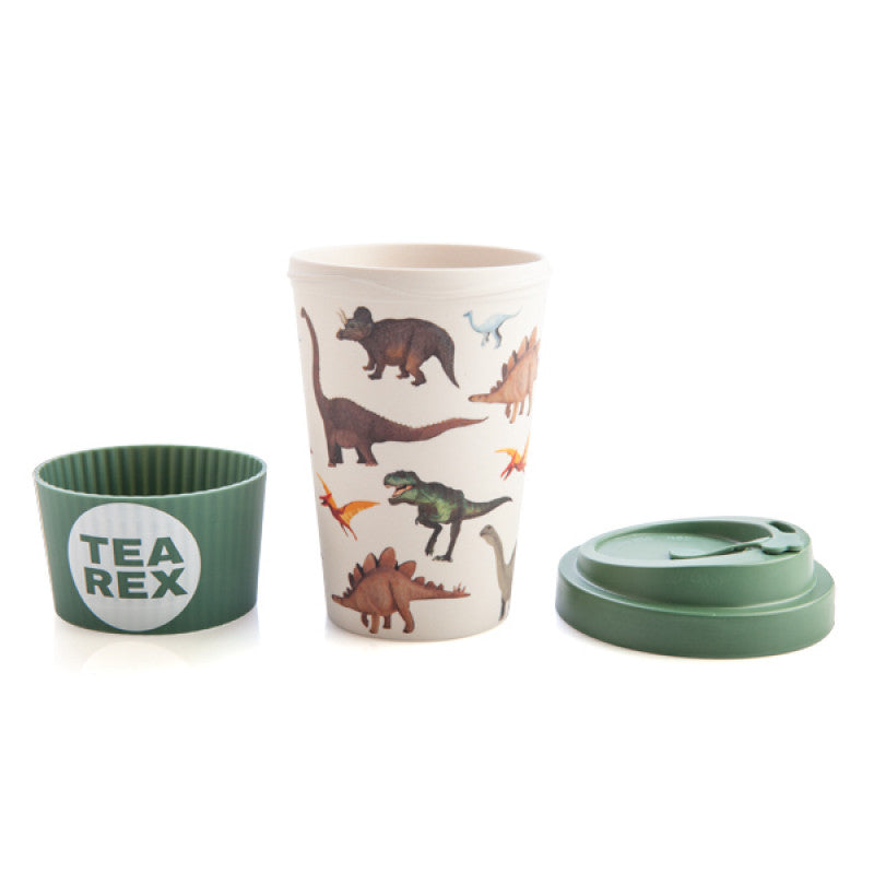 Image of Tea Rex travel mug in green and white showing three components of mug