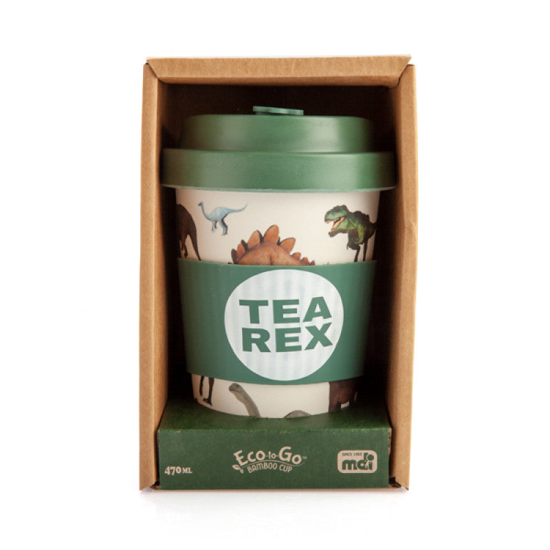 Front view image of Tea Rex travel mug in packaging