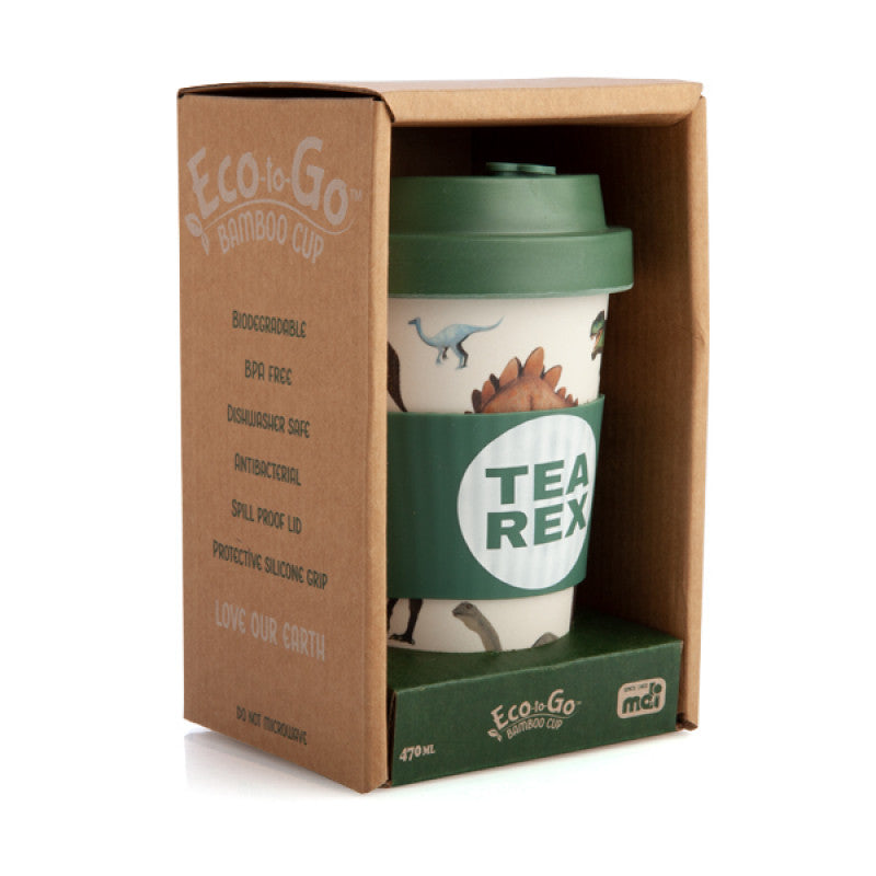 Side view image of Tea Rex travel mug in packaging