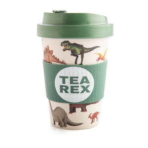 Front view image of Tea Rex travel mug in green and white