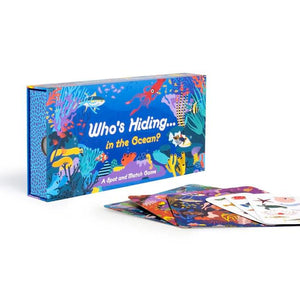 Front view image of game Who's Hiding in the Ocean? showing packaging and cards