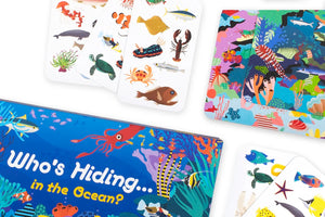 Image of cards and packaging of game Who's Hiding in the Ocean?