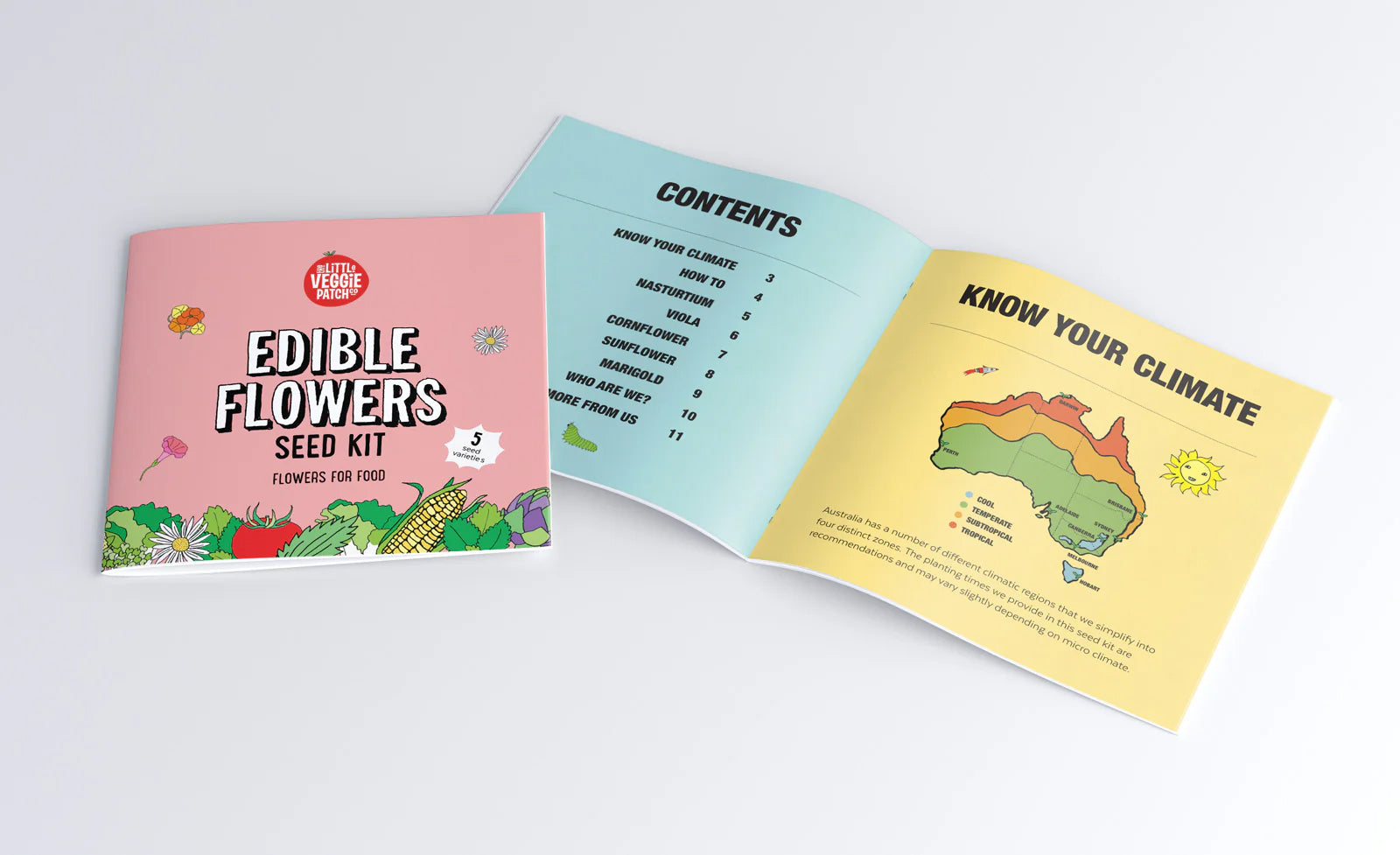 Image of edible flowers seed kit book showing cover and open book