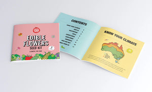 Image of edible flowers seed kit book showing cover and open book