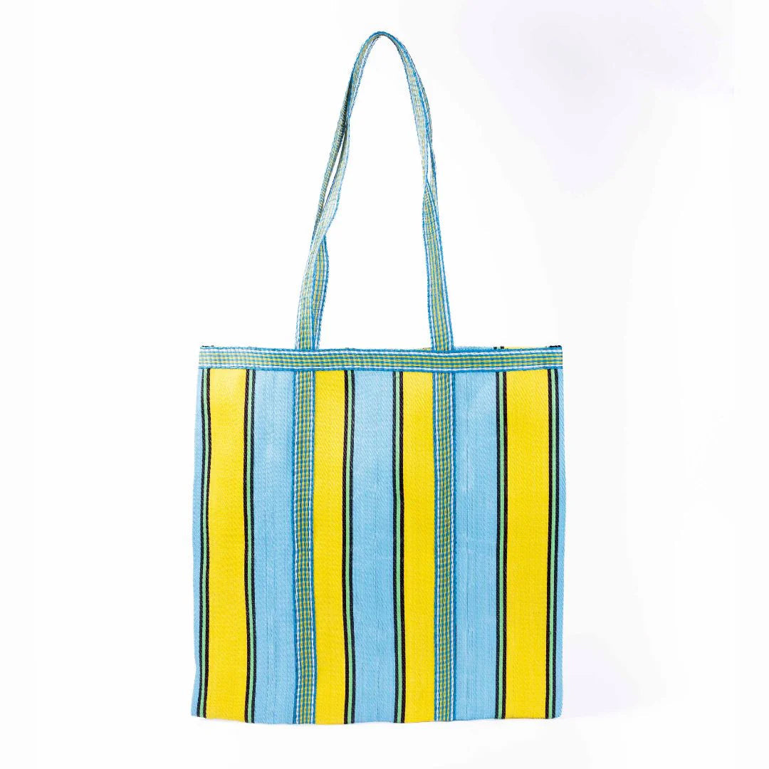 Front view image of yellow and aqua tote bag