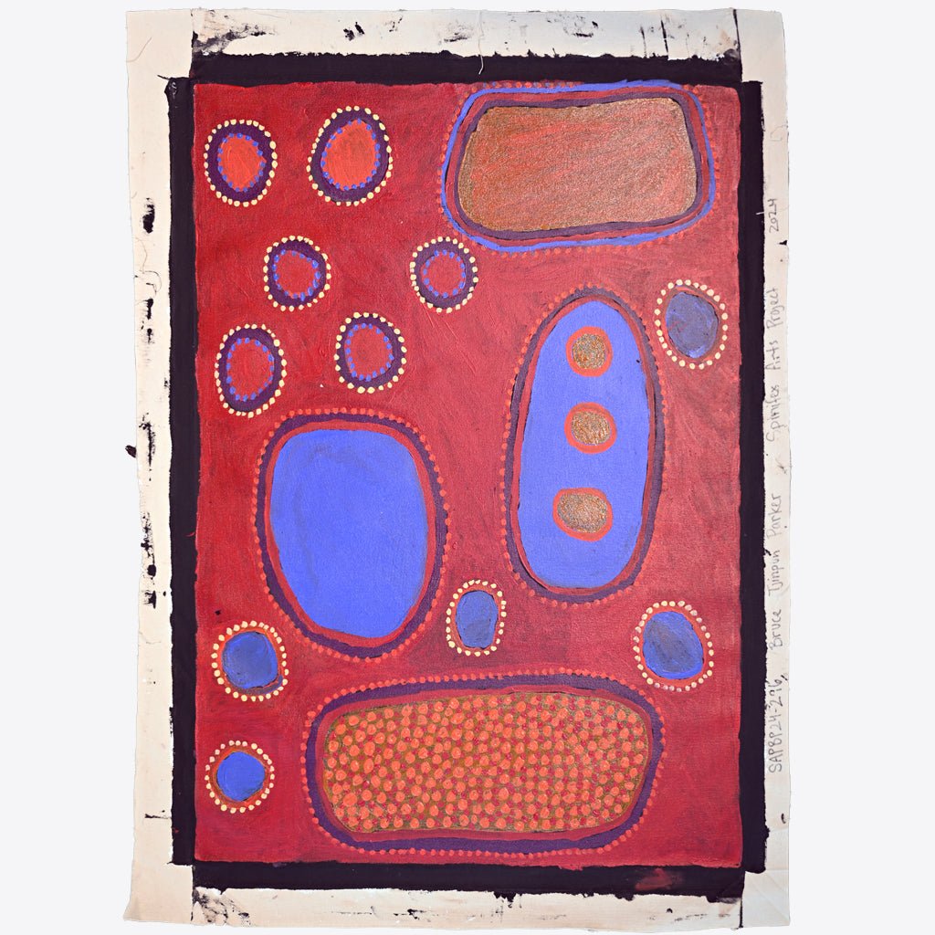 Image of red and blue artwork titled Kapi Piti Tjuta by Bruce Tjinpun Parker