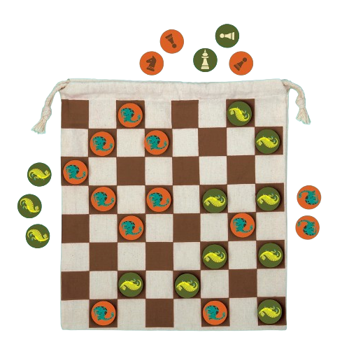 Top view image of Mighty Dinosaurs Chess and Checkers showing game in play