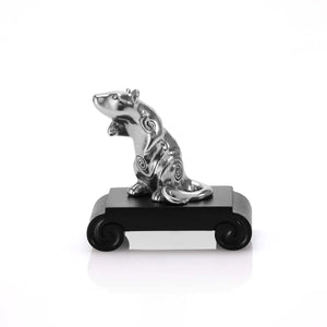 Side view image of Chinese Zodiac Rat Figurine by Royal Selangor, showing pewter rat figurine on black stand on white background.