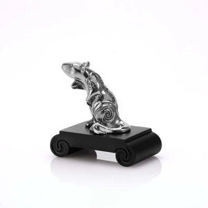 Side view image of Chinese Zodiac Rat Figurine by Royal Selangor, showing pewter rat figurine on black stand on white background.