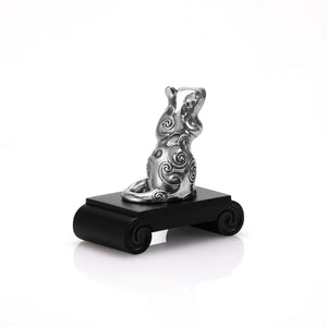Rear view image of Chinese Zodiac Rat Figurine by Royal Selangor, showing pewter rat figurine on black stand on white background.