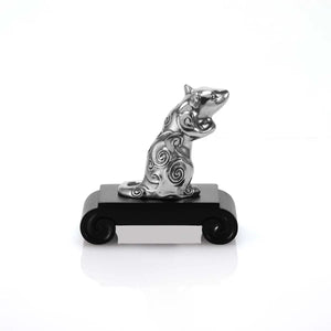 Side view image of Chinese Zodiac Rat Figurine by Royal Selangor, showing pewter rat figurine on black stand on white background.