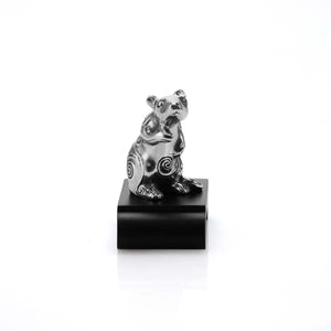 Front view image of Chinese Zodiac Rat Figurine by Royal Selangor, showing pewter rat figurine on black stand on white background.