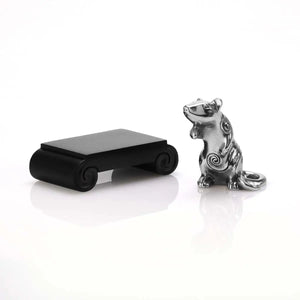 Image of Chinese Zodiac Rat Figurine by Royal Selangor, showing pewter rat figurine next to black stand on white background.