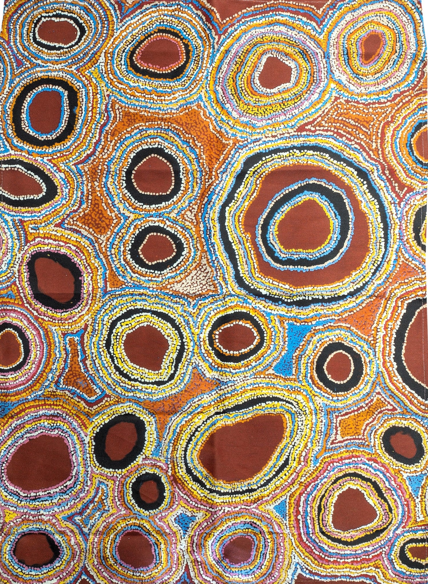 Image of Australian Made tea towel printed with 2009 artwork titled 'Tjawar' by Anne Hogan from the Spinifex Arts Project.