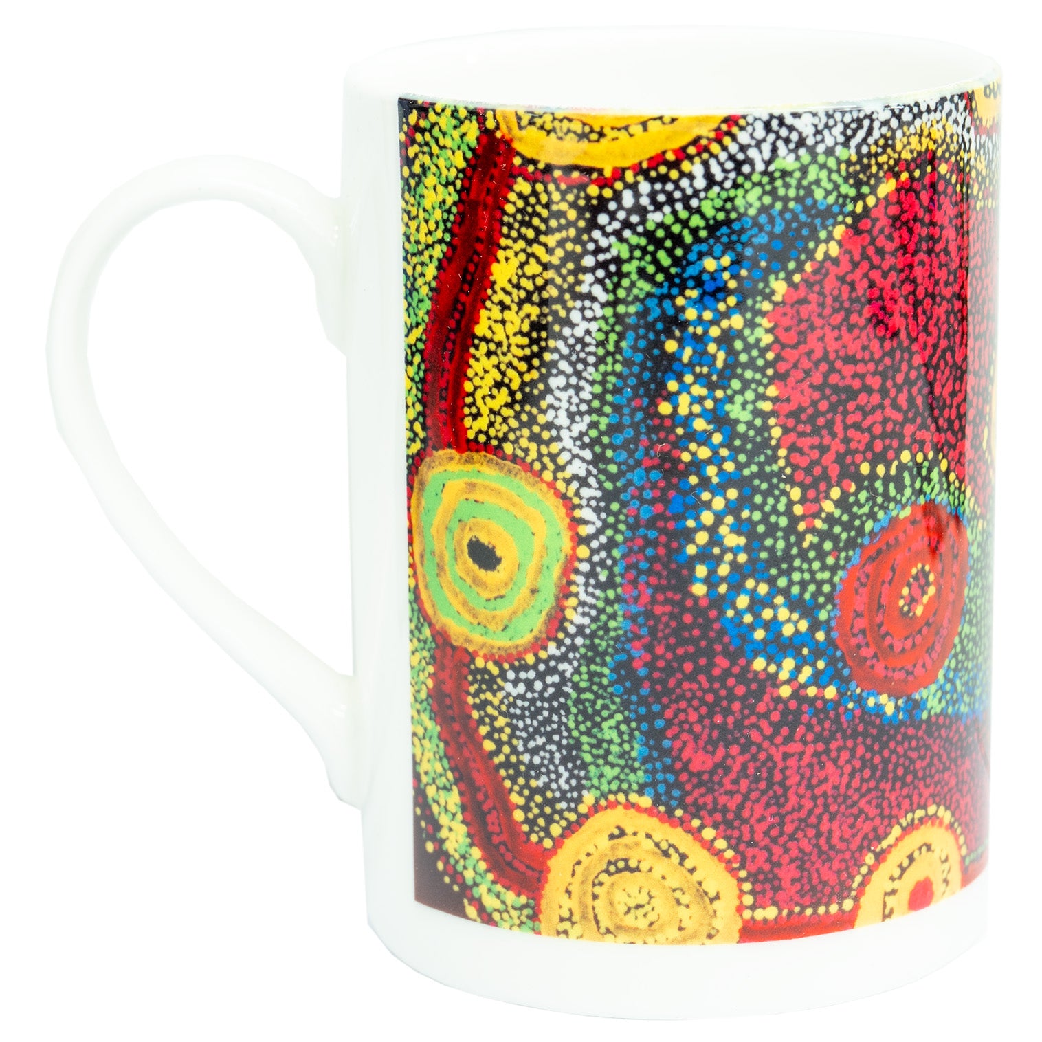 Side view image of Ceramic mug printed with 2005 artwork titled 'Irlbilli' by Bill Anderson from the Spinifex Arts Project.