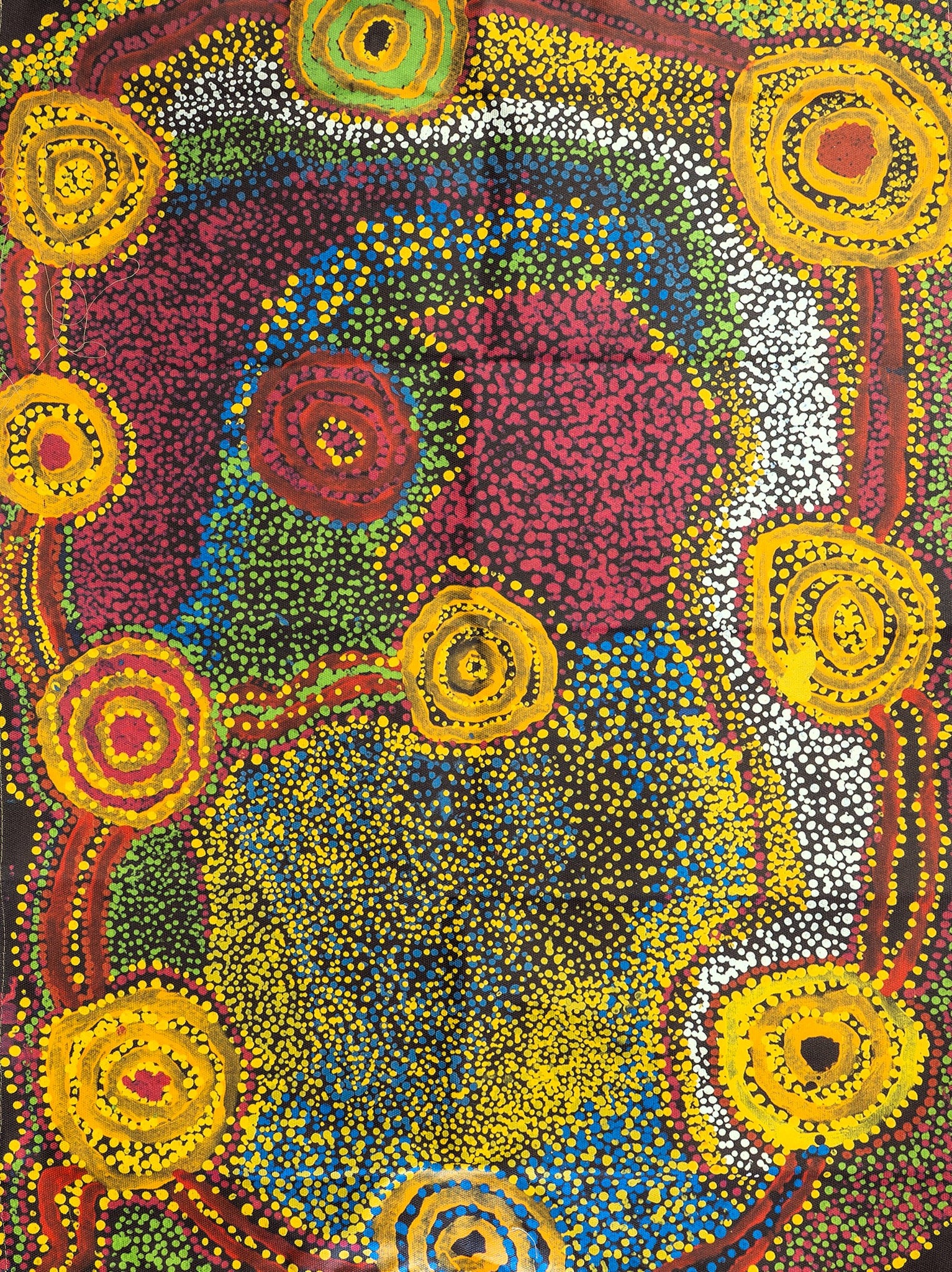 Image of Australian Made tea towel printed with 2005 artwork titled 'Irlbilli' by Bill Anderson from the Spinifex Arts Project.