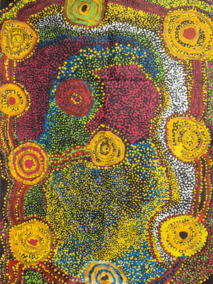 Image of Australian Made tea towel printed with 2005 artwork titled 'Irlbilli' by Bill Anderson from the Spinifex Arts Project.
