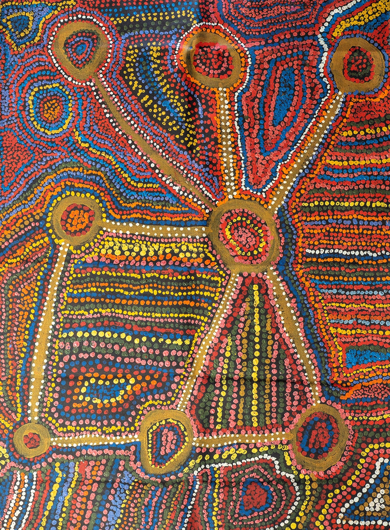 Image of Australian made tea towel printed with 1998 artwork titled by Judith Donaldson from the Spinifex Arts Project.