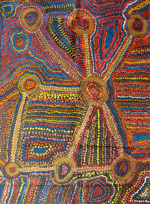 Image of Australian made tea towel printed with 1998 artwork titled by Judith Donaldson from the Spinifex Arts Project.