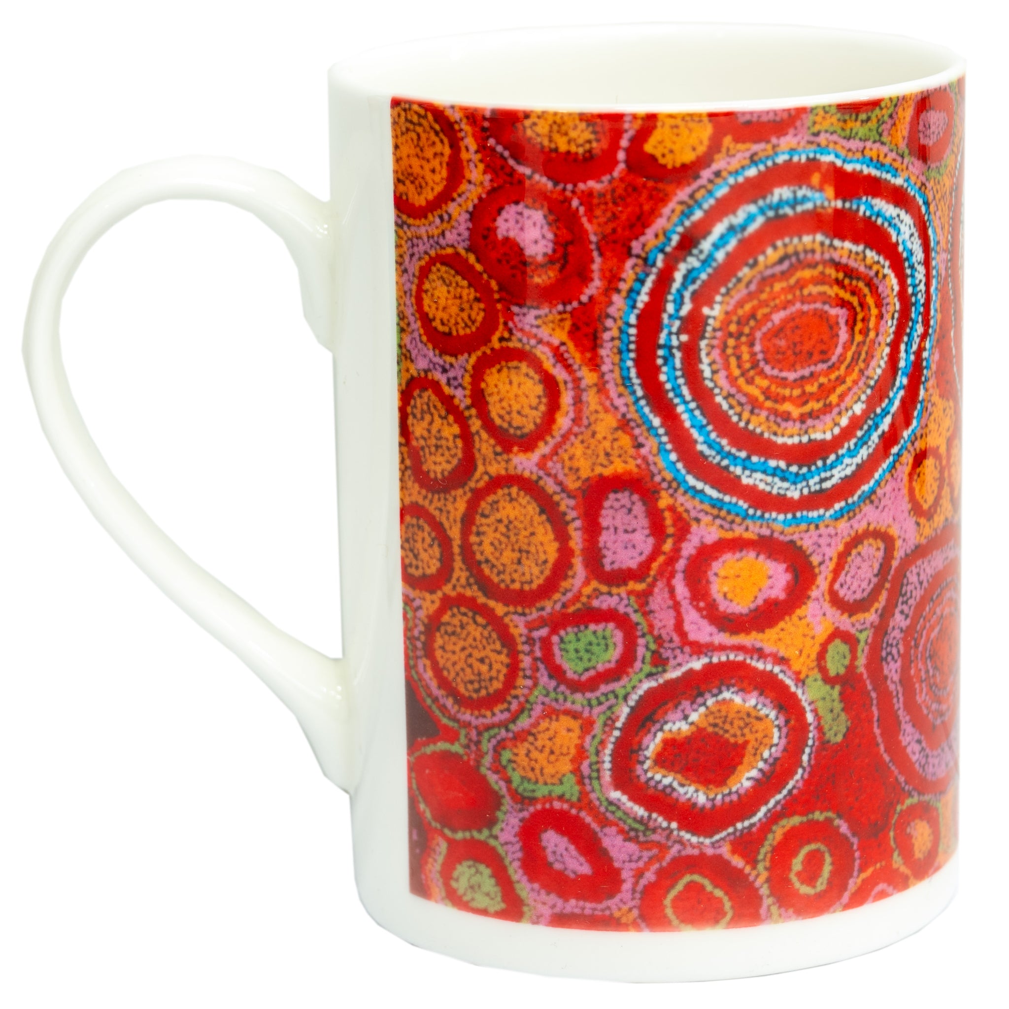 Side view image of Ceramic mug printed with 2008 artwork titled 'Tjintirkara' by Judith Donaldson from the Spinifex Arts Project.