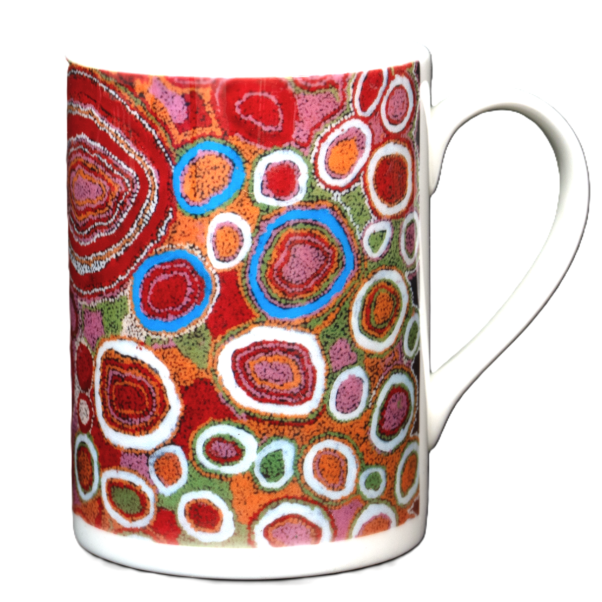 Side view image of Ceramic mug printed with 2008 artwork titled 'Tjintirkara' by Judith Donaldson from the Spinifex Arts Project.