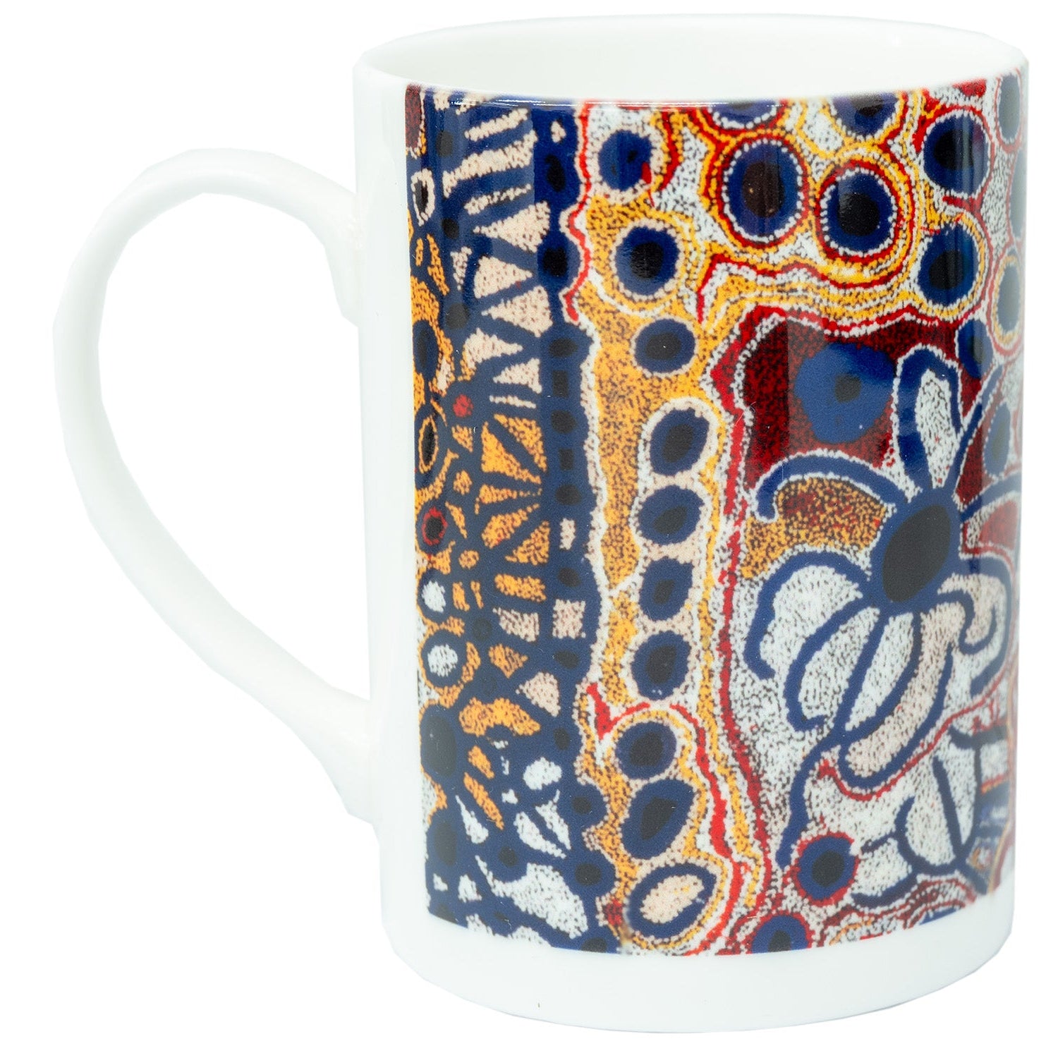 Side view image of Ceramic mug printed with 2010 artwork titled 'Yampil' by Tjawura Woods from the Spinifex Arts Project.