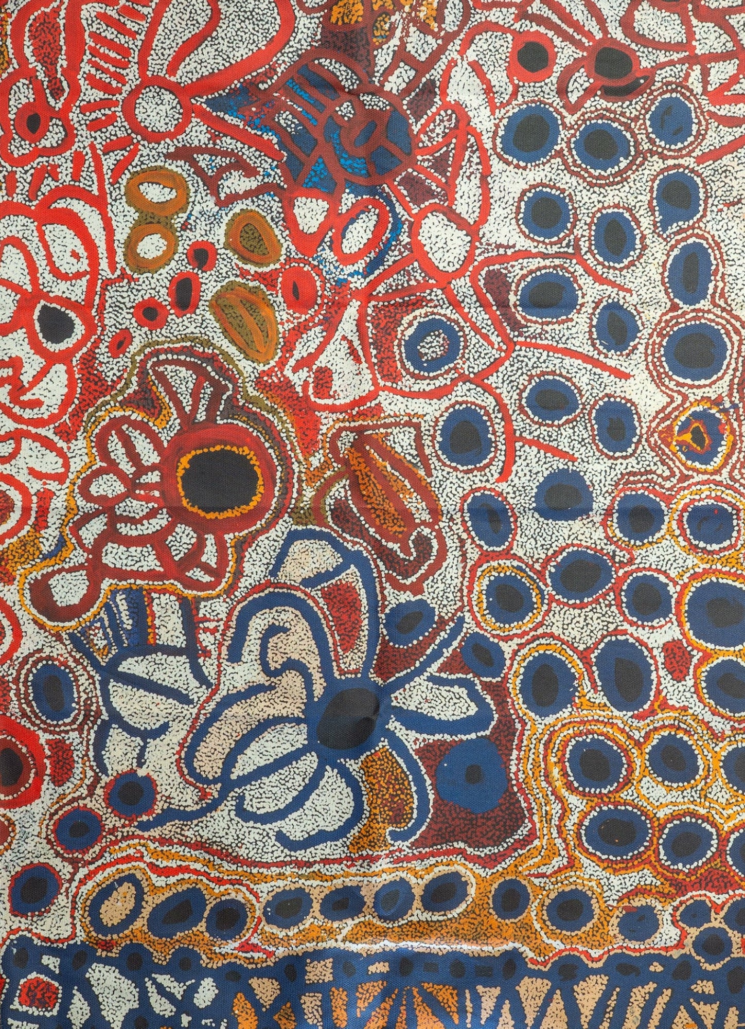 Image of Australian Made tea towel printed with 2010 artwork titled 'Yampil' by Tjawura Woods from the Spinifex Arts Project.