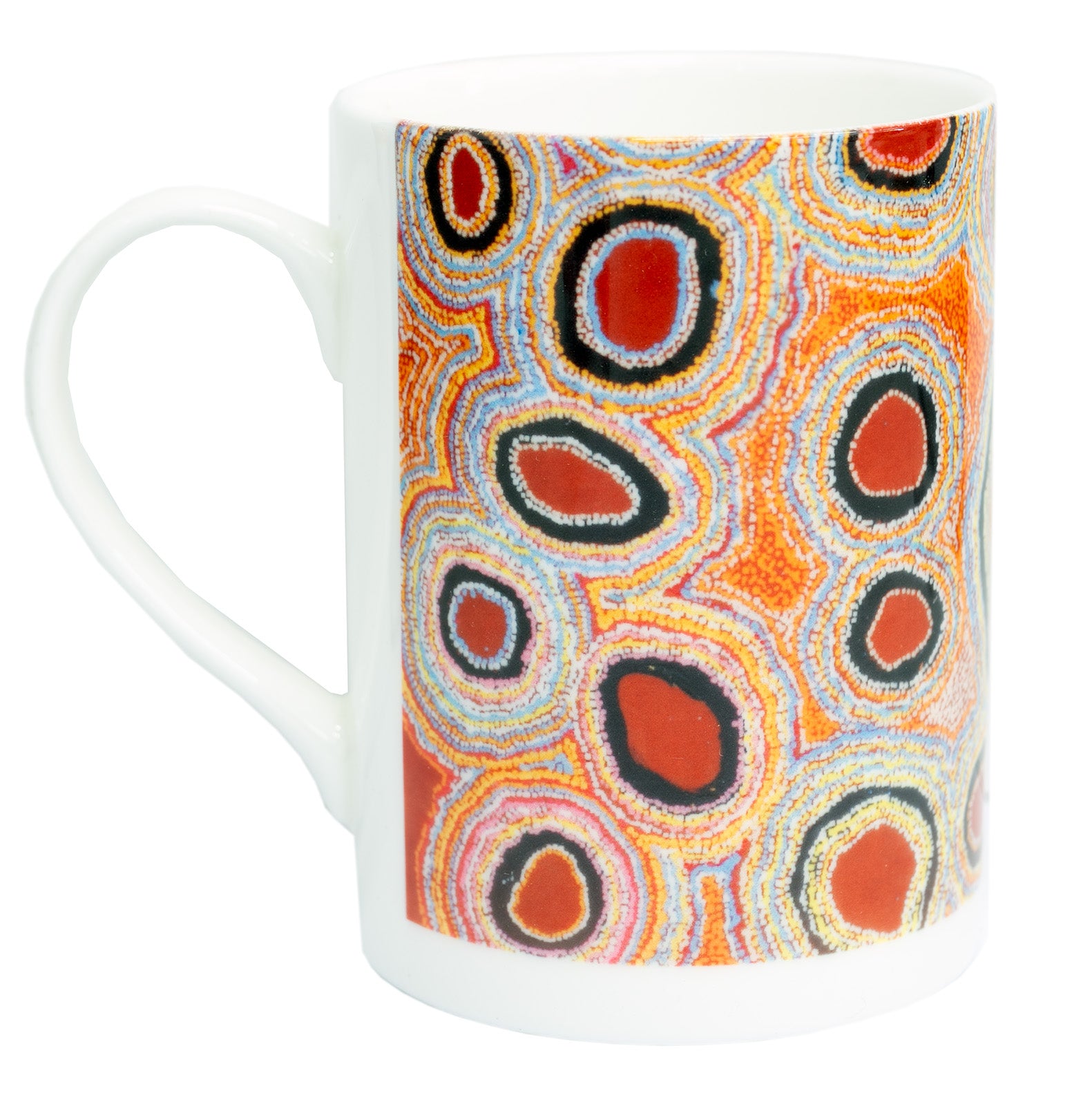 Side view image of Ceramic mug printed with 2009 artwork titled 'Tjawar' by Anne Hogan from the Spinifex Arts Project.