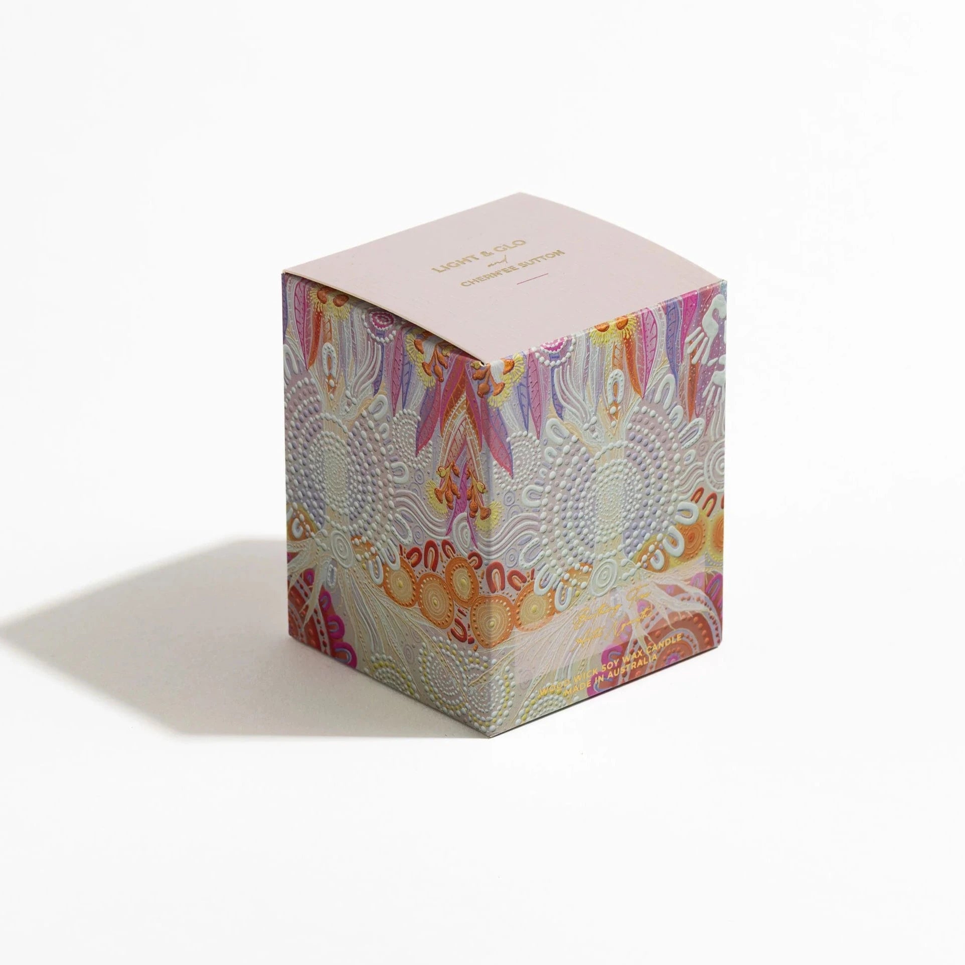 pink and floral candle gift box with gold writing
