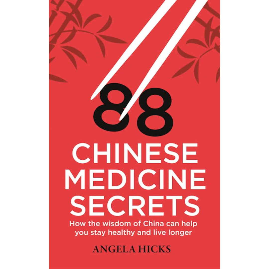Image of front cover of book titled 88 Chinese Medicine Secrets, red background with white chopsticks and black and white writing.
