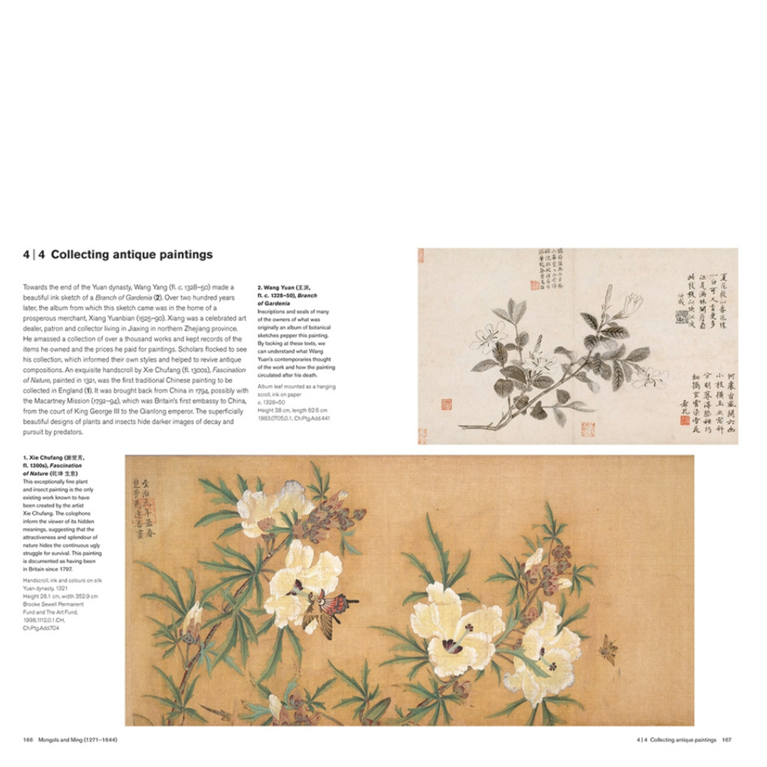 Image of the pages from book titled China, A History in Objects by Jesssica Harrison-Hall showing antique Chinese floral paintings. 