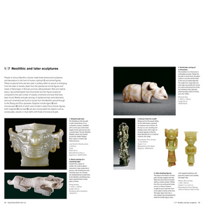 Image of the pages from book titled China, A History in Objects by Jesssica Harrison-Hall showing antique Chinese sculptures. 