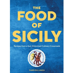 Book cover of The Food of Sicily with blue background, yellow text, and octopus on a plate with lemon slices.