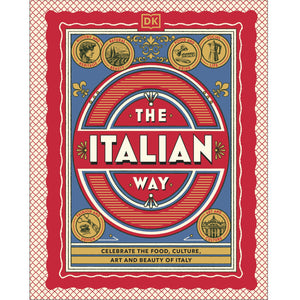 Book cover titled The Italian Way with icons representing Italian culture, food, art, and heritage.