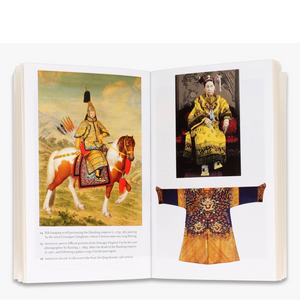 Image of pages from book titled The Great Wonders of China, showing scroll portraying Chinese Emperor on horse, photograph of an Empress and a silk court robe.