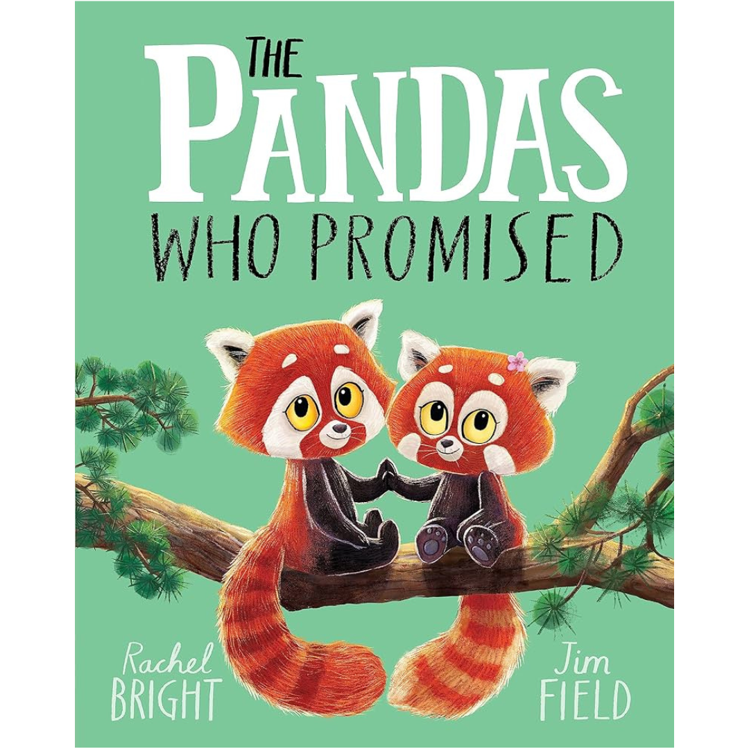 Image of front cover of book titled The Pandas Who Promised, illustration of two red panda on tree branch on pale green background with black and white writing.