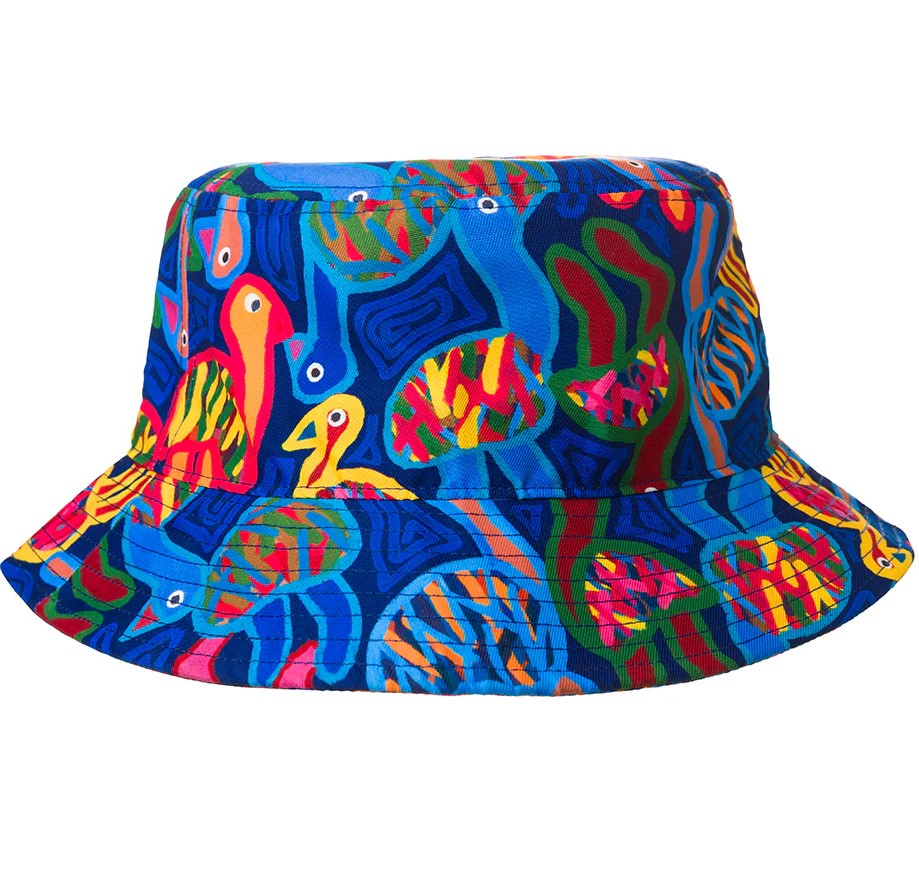 Front view image of Thelma Beeton Bucket Hat in blue on white background.