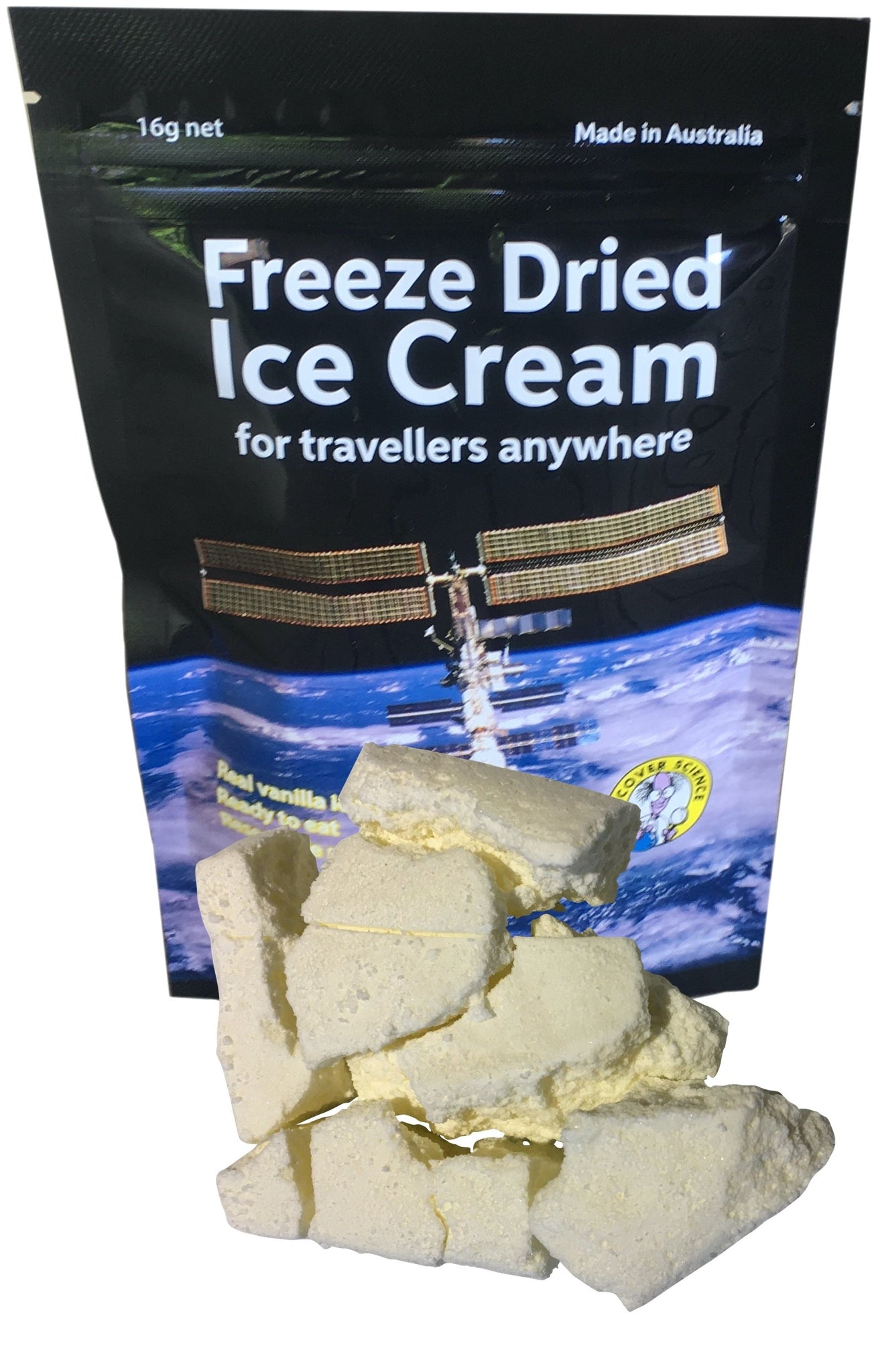 Front view image of Freeze Dried Ice Cream packaging and chunks of Freeze Dried Ice Cream