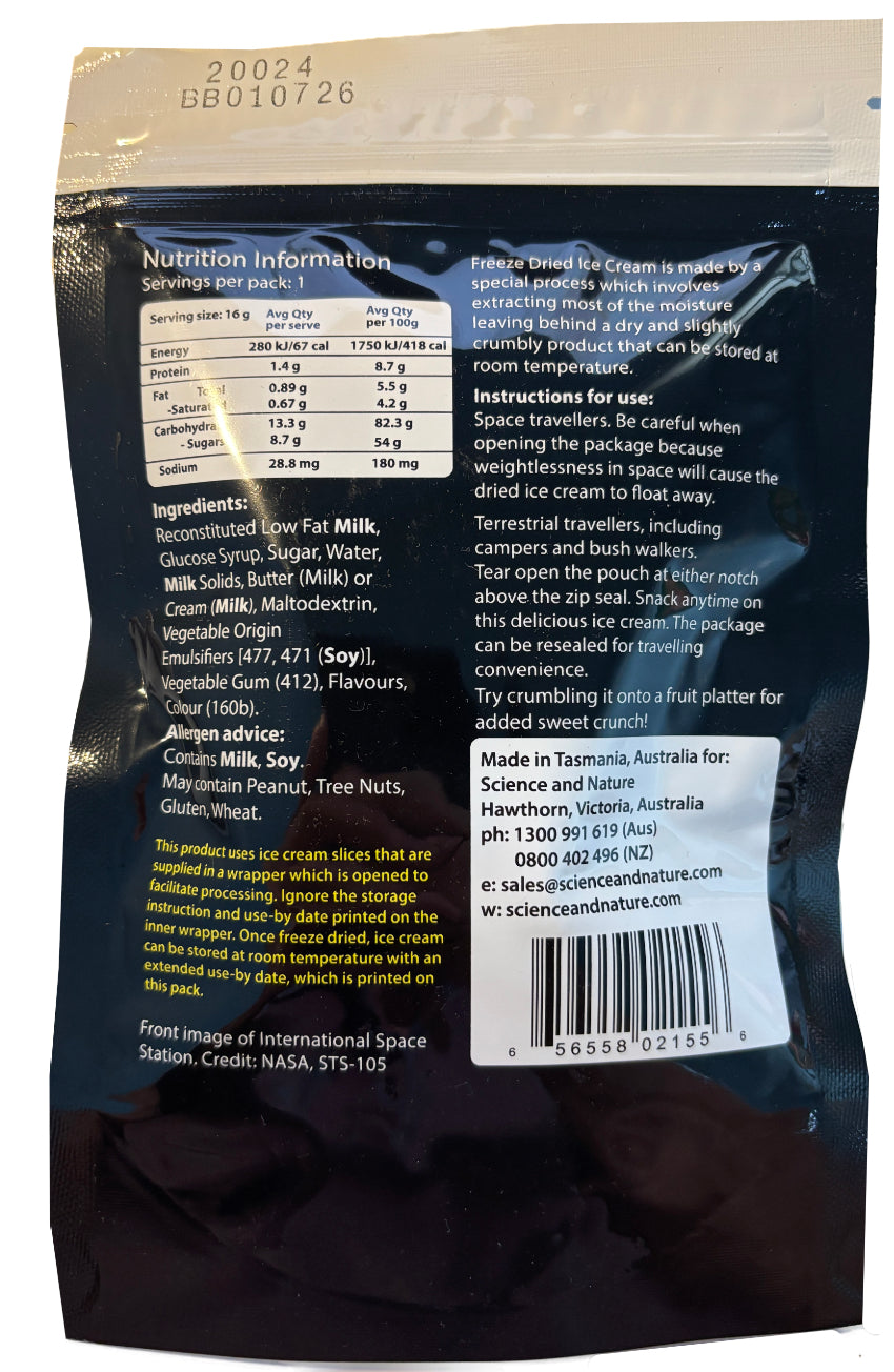 Back view image of Freeze Dried Ice Cream packaging