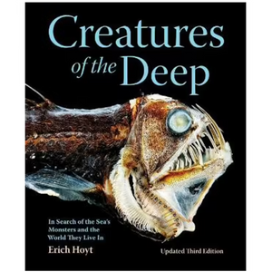 Black book cover with close up of fish with teeth. Title Creatures of The Deep