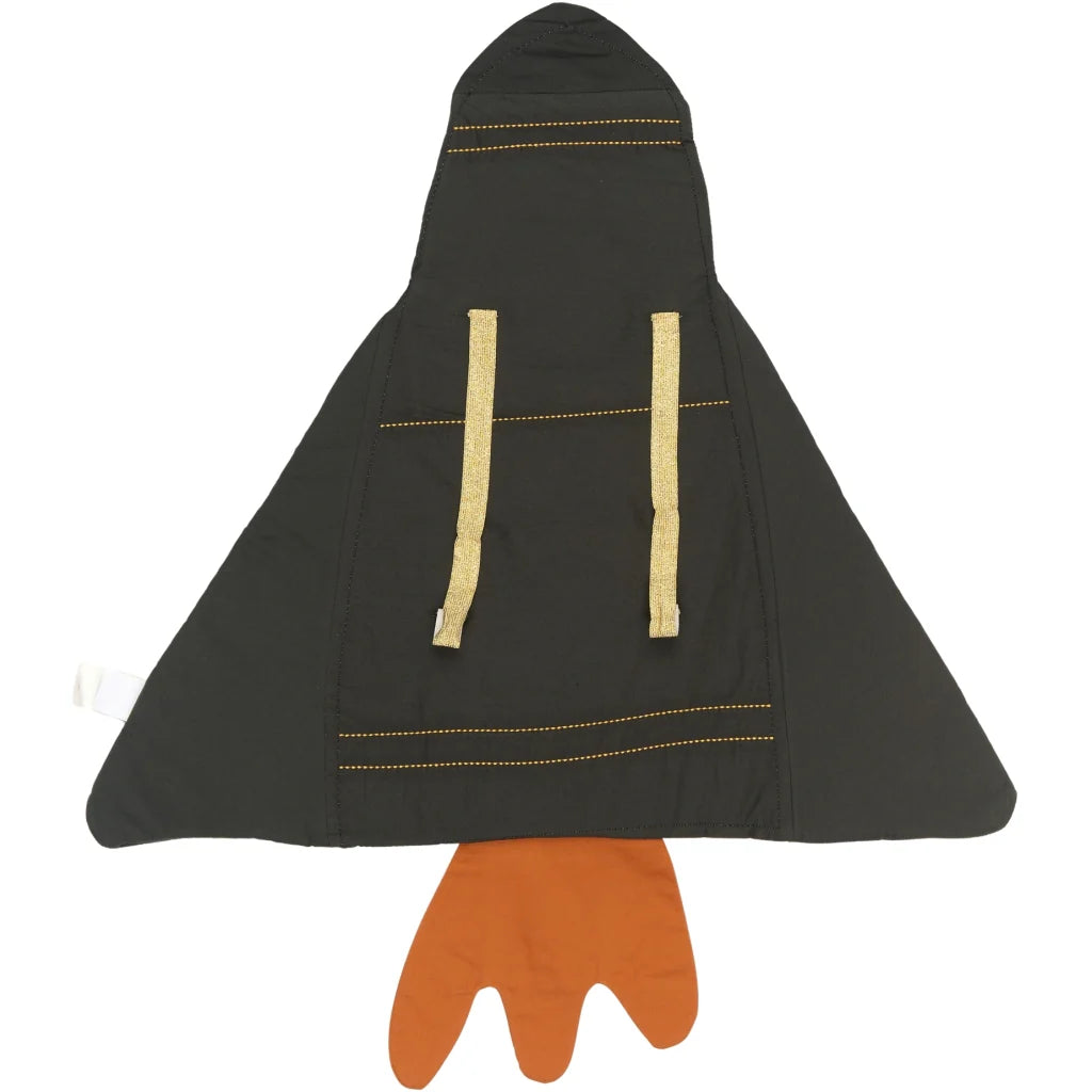 Children’s dress-up costume shaped like a white and black rocket ship with orange window detail and orange fabric flames at the bottom.