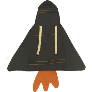 Children’s dress-up costume shaped like a white and black rocket ship with orange window detail and orange fabric flames at the bottom.