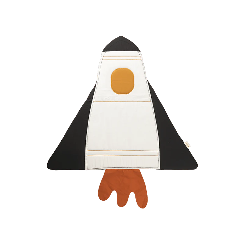 Children’s dress-up costume shaped like a white and black rocket ship with orange window detail and orange fabric flames at the bottom.