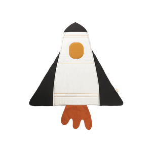 Children’s dress-up costume shaped like a white and black rocket ship with orange window detail and orange fabric flames at the bottom.