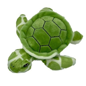 View looking at top of the turtle shell, green and white plush