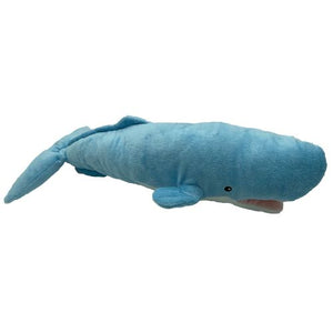 Light blue plush whale toy with black eye