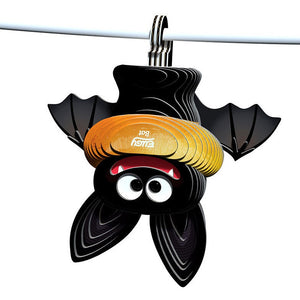 3D cardboard model of a cartoon-style bat hanging upside down from a wire, with large eyes and a small smile showing fangs.