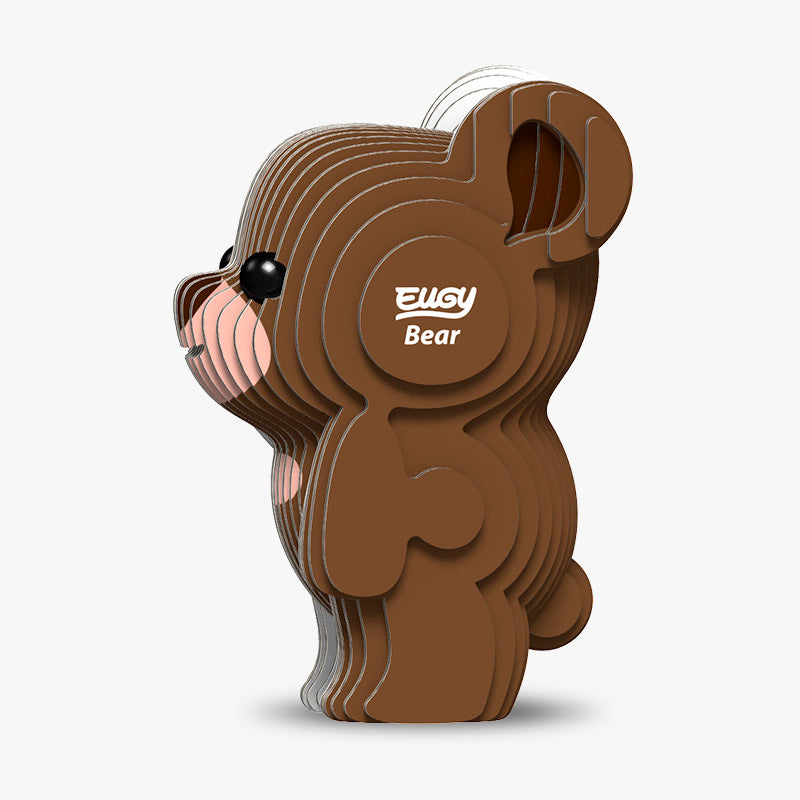 Side view image of EUGY Bear, showing brown bear made from layers of cardboard stuck together on white background.